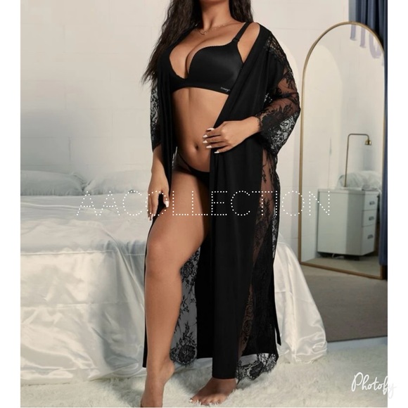 Sexy Plus Size Sheer Mesh Floral Lace Black Cover Up Robe Black - Picture 4 of 4